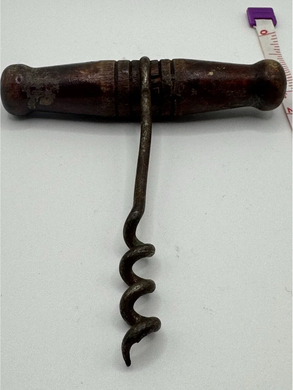 Vintage Corkscrew Opener Metal With Wooden T Handle. unmarked